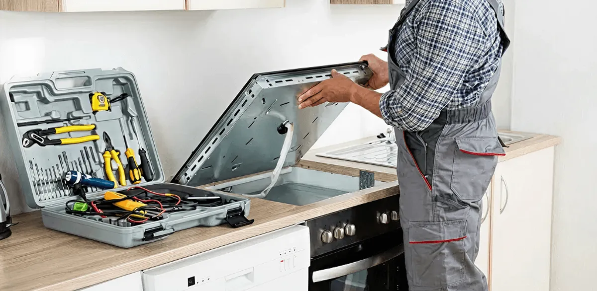 Handyman repairing a cooktop and checking wiring connections in Staten Island, NY