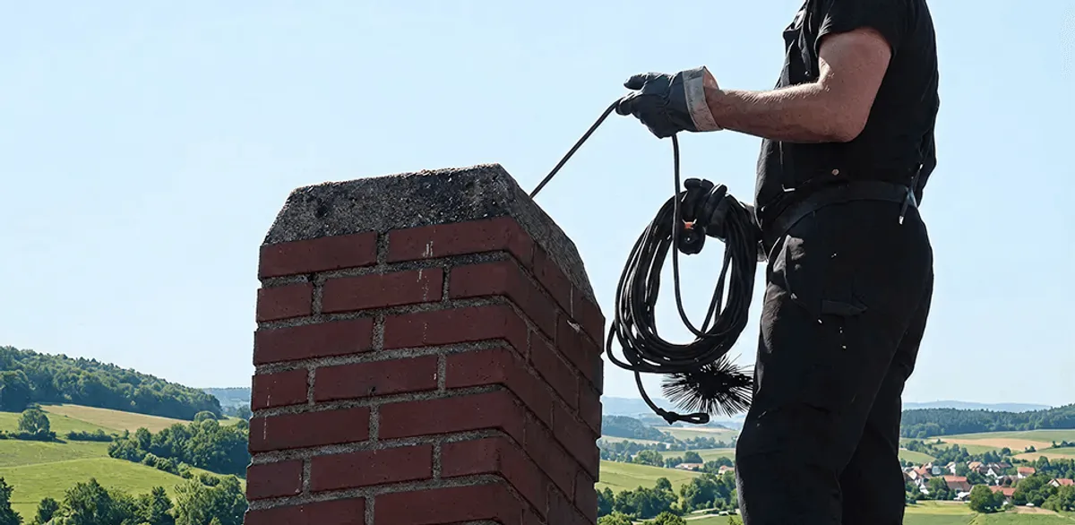 Chimney sweep inspecting and cleaning a rooftop chimney in Staten Island, NY