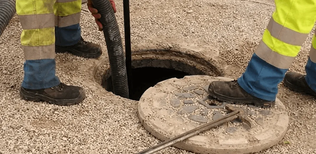 Drain cleaning crew clearing a sewer access point with professional equipment in Staten Island, NY